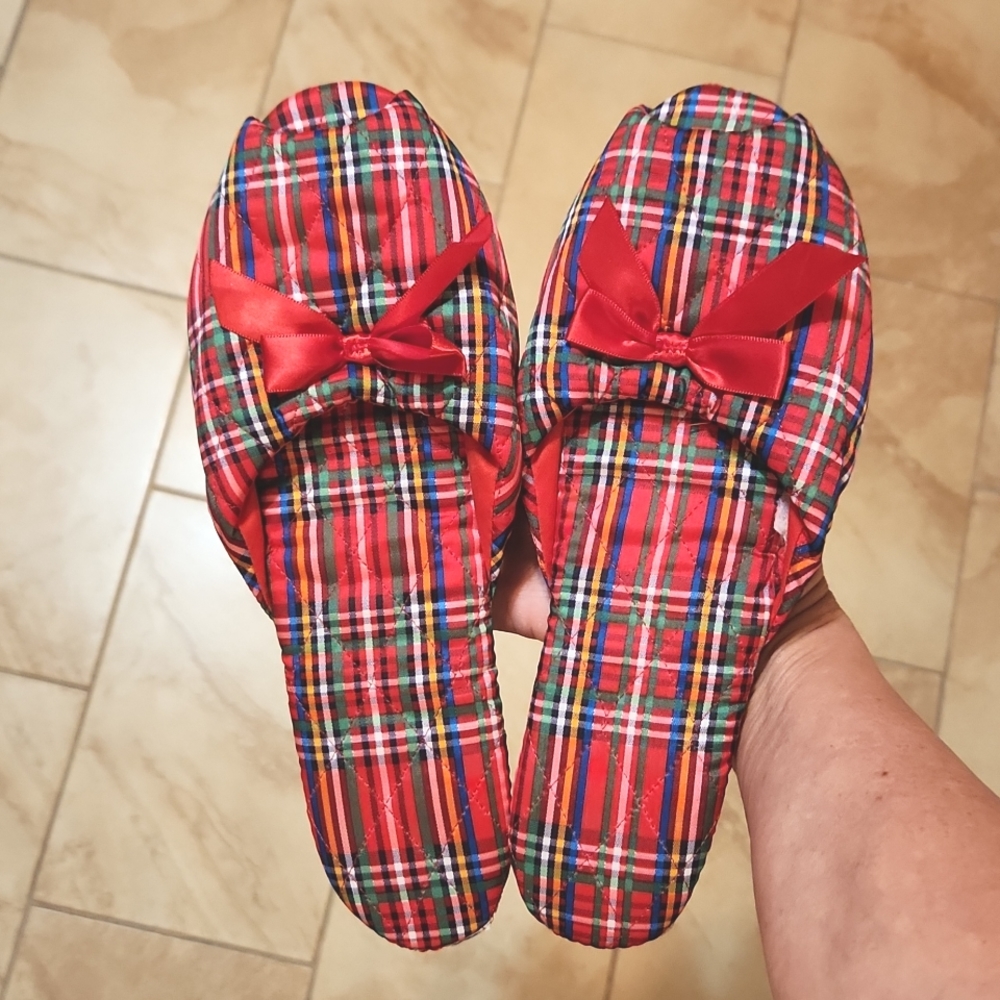 R.G. Barry Open Toe Red Plaid Slippers